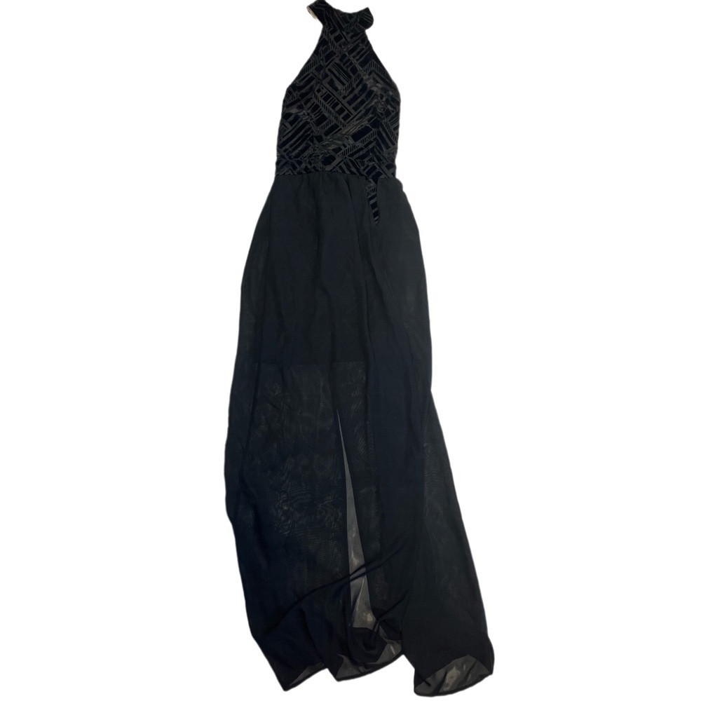 Papaya Black Strapless Halter Maxi Dress sheer split skirt 90s Y2K